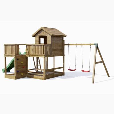 Fungoo Pluto Holzspielhaus mit Rutsche, zwei Schaukeln, Picknicktisch, Klettergerüst und Sandkasten
