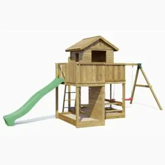 Fungoo Pluto Holzspielhaus mit Rutsche, zwei Schaukeln, Picknicktisch, Klettergerüst und Sandkasten