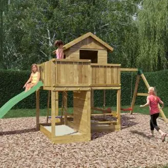 Fungoo Pluto Holzspielhaus mit Rutsche, zwei Schaukeln, Picknicktisch, Klettergerüst und Sandkasten