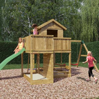Fungoo Pluto Holzspielhaus mit Rutsche, zwei Schaukeln, Picknicktisch, Klettergerüst und Sandkasten