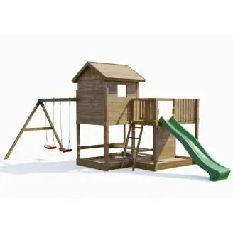 Fungoo Pluto Holzspielhaus mit Rutsche, zwei Schaukeln, Picknicktisch, Klettergerüst und Sandkasten