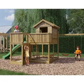 Fungoo Pluto Holzspielhaus mit Rutsche, zwei Schaukeln, Picknicktisch, Klettergerüst und Sandkasten