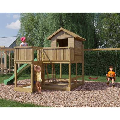 Fungoo Pluto Holzspielhaus mit Rutsche, zwei Schaukeln, Picknicktisch, Klettergerüst und Sandkasten