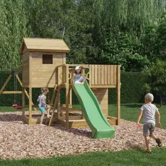 Fungoo Pluto Holzspielhaus mit Rutsche, zwei Schaukeln, Picknicktisch, Klettergerüst und Sandkasten