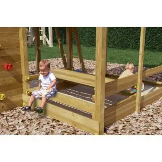 Fungoo Pluto Holzspielhaus mit Rutsche, zwei Schaukeln, Picknicktisch, Klettergerüst und Sandkasten