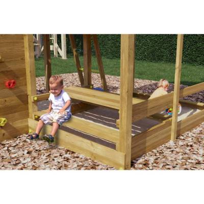 Fungoo Pluto Holzspielhaus mit Rutsche, zwei Schaukeln, Picknicktisch, Klettergerüst und Sandkasten