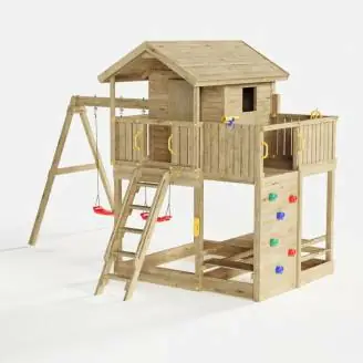 Fungoo Galaxy Moonlight Gartenspielhaus aus Holz für Kinder mit zwei Schaukeln und Klettergerüst
