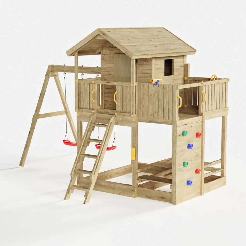 Fungoo Galaxy Moonlight Gartenspielhaus aus Holz für Kinder mit zwei Schaukeln und Klettergerüst