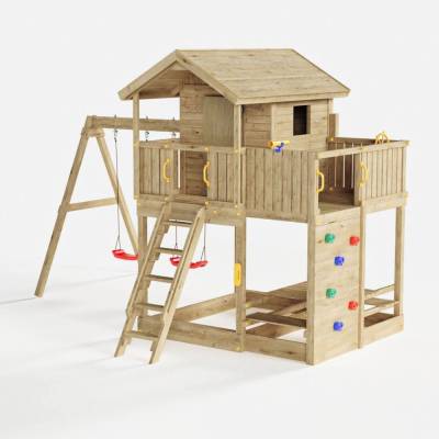 Fungoo Galaxy Moonlight Gartenspielhaus aus Holz für Kinder mit zwei Schaukeln und Klettergerüst