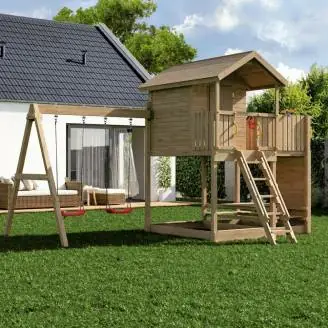 Fungoo Galaxy Moonlight Gartenspielhaus aus Holz für Kinder mit zwei Schaukeln und Klettergerüst