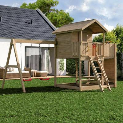 Fungoo Galaxy Moonlight Gartenspielhaus aus Holz für Kinder mit zwei Schaukeln und Klettergerüst