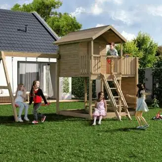 Fungoo Galaxy Moonlight Gartenspielhaus aus Holz für Kinder mit zwei Schaukeln und Klettergerüst