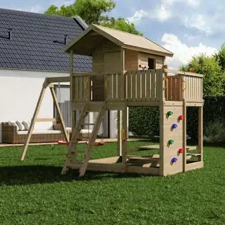 Fungoo Galaxy Moonlight Gartenspielhaus aus Holz für Kinder mit zwei Schaukeln und Klettergerüst