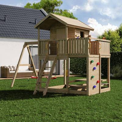 Fungoo Galaxy Moonlight Gartenspielhaus aus Holz für Kinder mit zwei Schaukeln und Klettergerüst