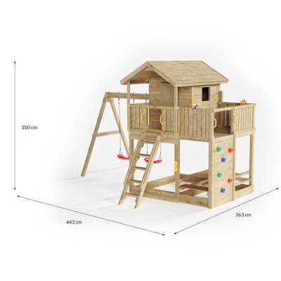Fungoo Galaxy Moonlight Gartenspielhaus aus Holz für Kinder mit zwei Schaukeln und Klettergerüst