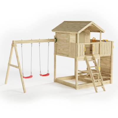 Fungoo Galaxy Moonlight Gartenspielhaus aus Holz für Kinder mit zwei Schaukeln und Klettergerüst