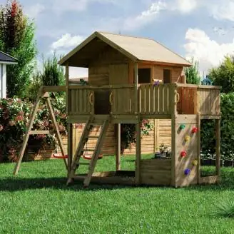 Fungoo Galaxy Sunshine Doppeltes Gartenspielhaus aus Holz für Kinder mit Schaukeln und Klettergerüst