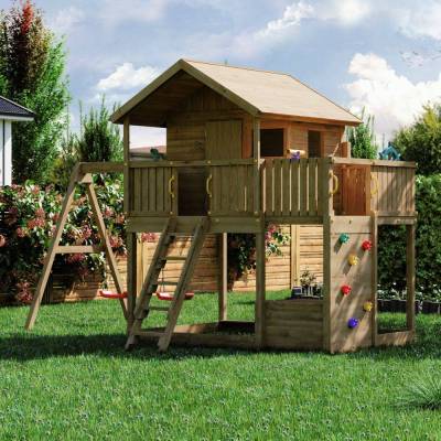 Fungoo Galaxy Sunshine Doppeltes Gartenspielhaus aus Holz für Kinder mit Schaukeln und Klettergerüst