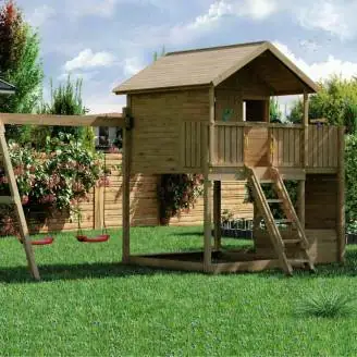 Fungoo Galaxy Sunshine Doppeltes Gartenspielhaus aus Holz für Kinder mit Schaukeln und Klettergerüst