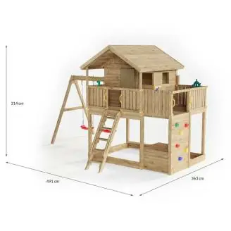 Fungoo Galaxy Sunshine Doppeltes Gartenspielhaus aus Holz für Kinder mit Schaukeln und Klettergerüst
