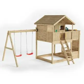 Fungoo Galaxy Sunshine Doppeltes Gartenspielhaus aus Holz für Kinder mit Schaukeln und Klettergerüst