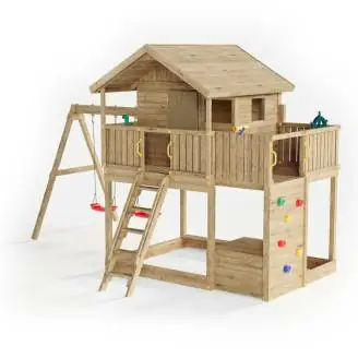 Fungoo Galaxy Sunshine Doppeltes Gartenspielhaus aus Holz für Kinder mit Schaukeln und Klettergerüst