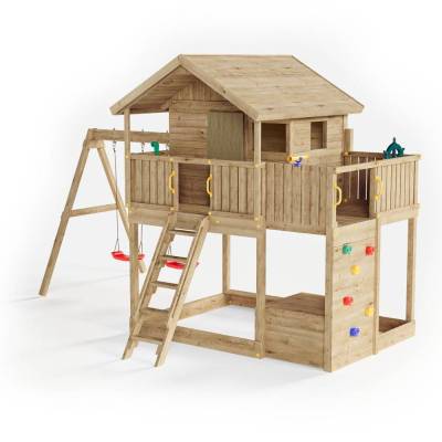 Fungoo Galaxy Sunshine Doppeltes Gartenspielhaus aus Holz für Kinder mit Schaukeln und Klettergerüst