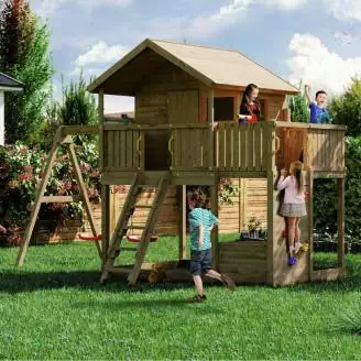 Fungoo Galaxy Sunshine Doppeltes Gartenspielhaus aus Holz für Kinder mit Schaukeln und Klettergerüst