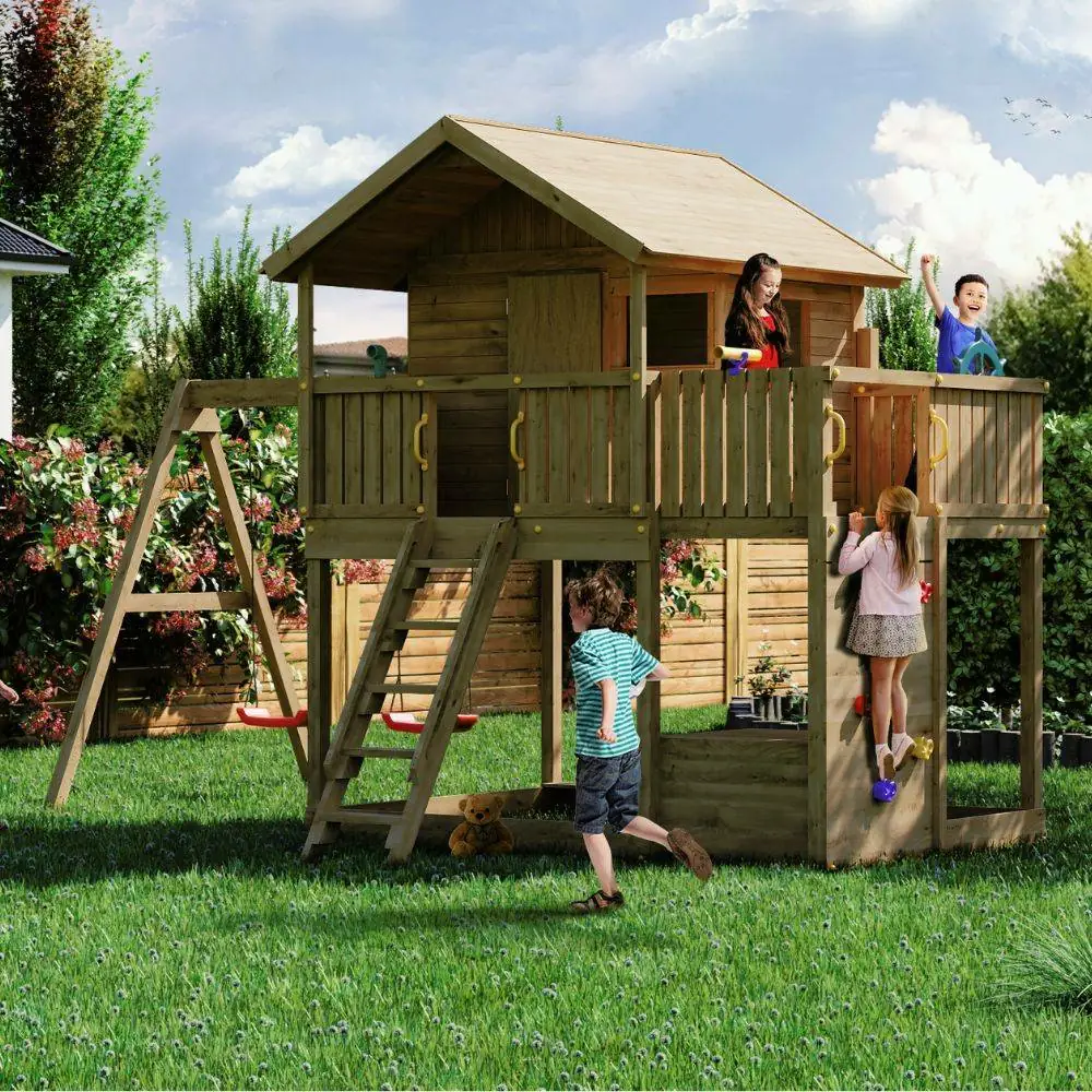 Fungoo Galaxy Sunshine Doppeltes Gartenspielhaus aus Holz für Kinder mit Schaukeln und Klettergerüst