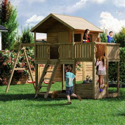 Fungoo Galaxy Sunshine Doppeltes Gartenspielhaus aus Holz für Kinder mit Schaukeln und Klettergerüst