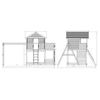 Fungoo Galaxy Sunshine Doppeltes Gartenspielhaus aus Holz für Kinder mit Schaukeln und Klettergerüst