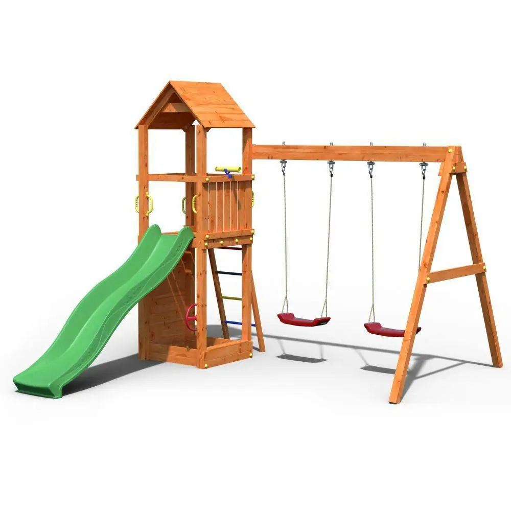 Fungoo Flappi Holzspielplatz in Teakfarbe mit Haus, Rutsche und Doppelschaukel