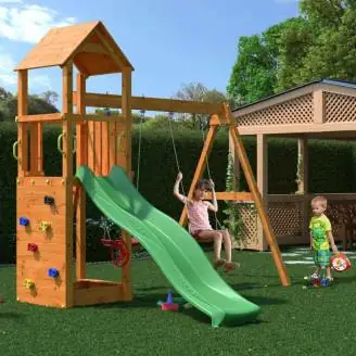 Fungoo Flappi Holzspielplatz in Teakfarbe mit Haus, Rutsche und Doppelschaukel