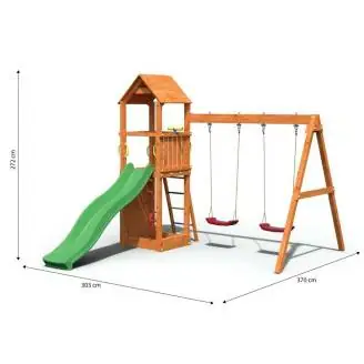 Fungoo Flappi Holzspielplatz in Teakfarbe mit Haus, Rutsche und Doppelschaukel