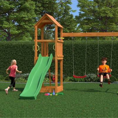 Fungoo Flappi Holzspielplatz in Teakfarbe mit Haus, Rutsche und Doppelschaukel