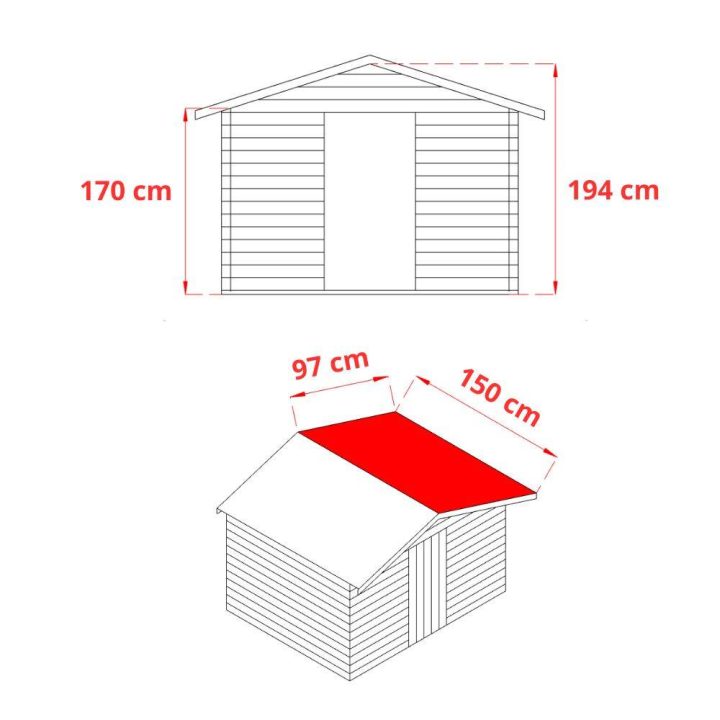 Karminrotes Holzhaus 1,5x1,5 m mit einer Tür mit Einzelfenster