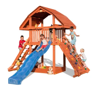Fungoo Riesiges Teakholz-Spielhaus mit Rutsche, Klettergerüst und Sandkasten