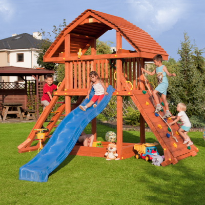 Fungoo Riesiges Teakholz-Spielhaus mit Rutsche, Klettergerüst und Sandkasten