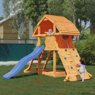 Fungoo Riesiges Teakholz-Spielhaus mit Rutsche, Klettergerüst und Sandkasten