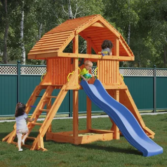 Fungoo Riesiges Teakholz-Spielhaus mit Rutsche, Klettergerüst und Sandkasten