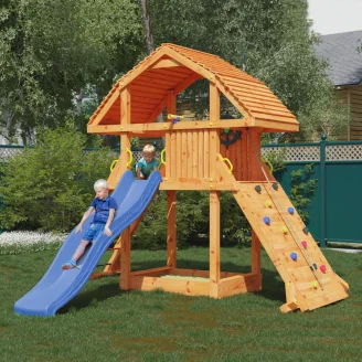 Fungoo Riesiges Teakholz-Spielhaus mit Rutsche, Klettergerüst und Sandkasten