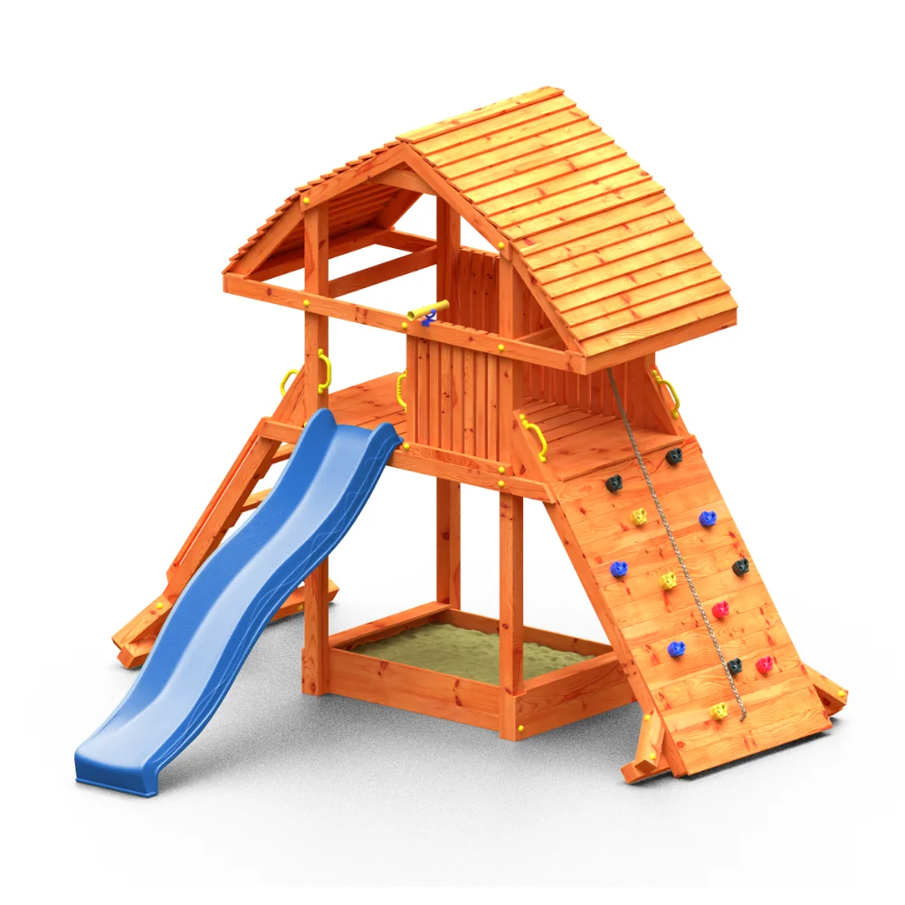 Fungoo Riesiges Teakholz-Spielhaus mit Rutsche, Klettergerüst und Sandkasten