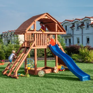 Fungoo Riesiges Teakholz-Spielhaus mit Rutsche, Klettergerüst und Sandkasten