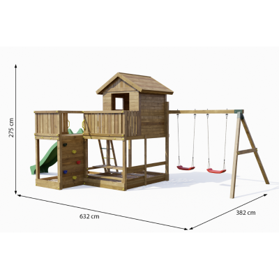 Fungoo Pluto Holzspielhaus mit Rutsche, zwei Schaukeln, Picknicktisch, Klettergerüst und Sandkasten