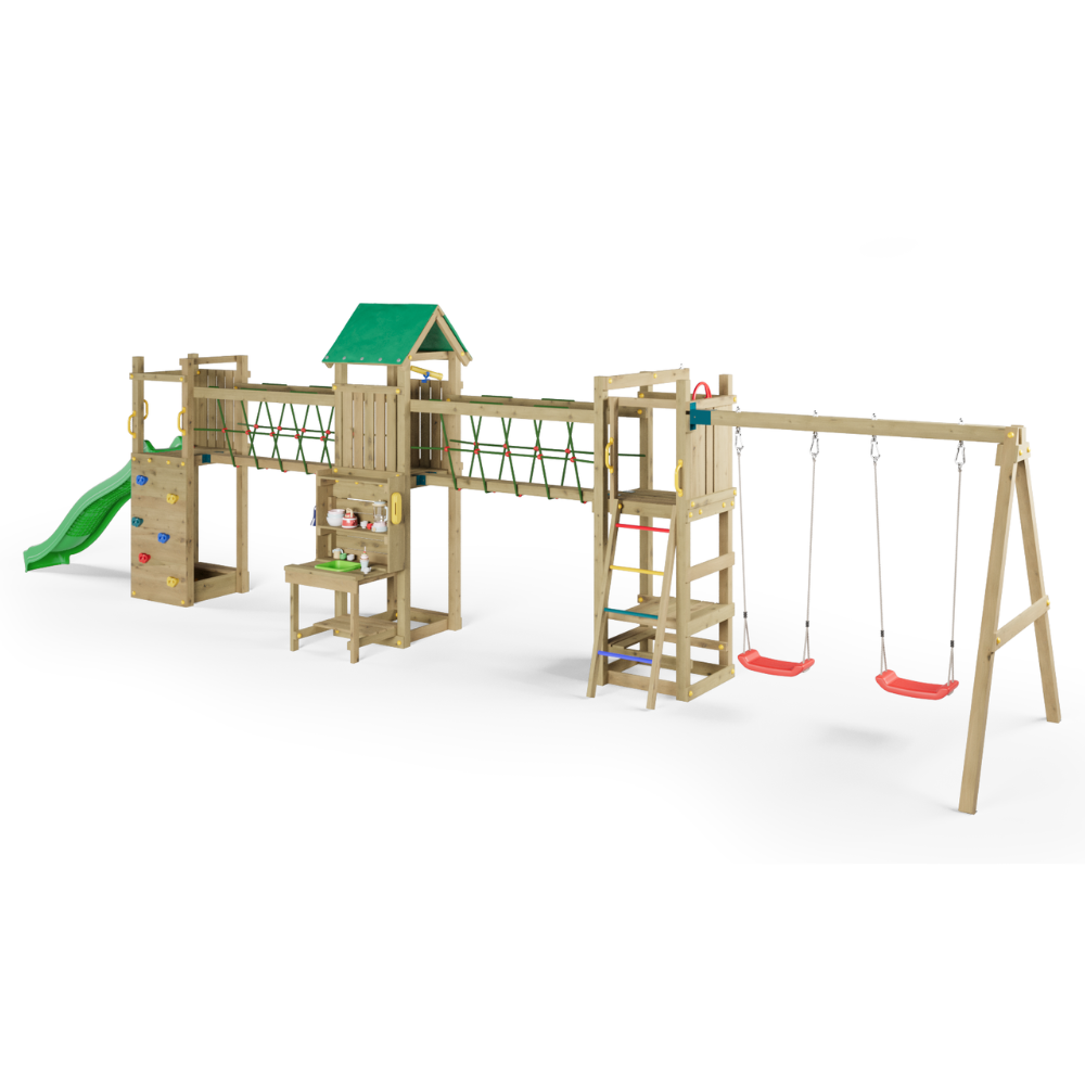 Fungoo Maxi Exposure Holzspielplatz mit Rutsche, Schaukeln, Brücke und Klettergerüst