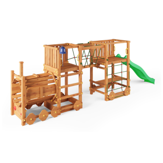 Holzspielplatz Fungoo Loco Express in Teakfarbe mit Rutsche, Brücke und Kinderzug.