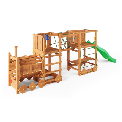 Holzspielplatz Fungoo Loco Express in Teakfarbe mit Rutsche, Brücke und Kinderzug.