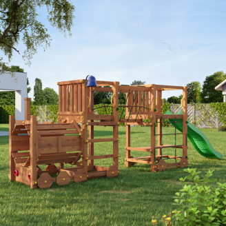 Holzspielplatz Fungoo Loco Express in Teakfarbe mit Rutsche, Brücke und Kinderzug.