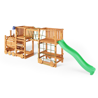 Holzspielplatz Fungoo Loco Express in Teakfarbe mit Rutsche, Brücke und Kinderzug.