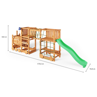 Holzspielplatz Fungoo Loco Express in Teakfarbe mit Rutsche, Brücke und Kinderzug.